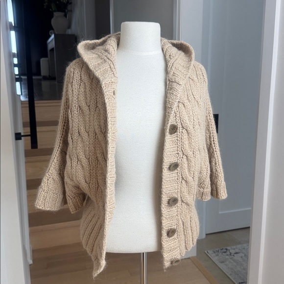 Alice Blue Chunky Cable Knit Hooded Alpaca Blend Cardigan Sweater Size L - Picture 4 of 6